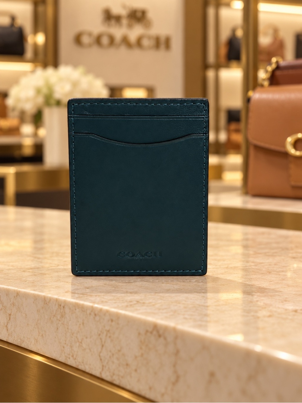COACH Slim Card Case — Dark Teal Leather